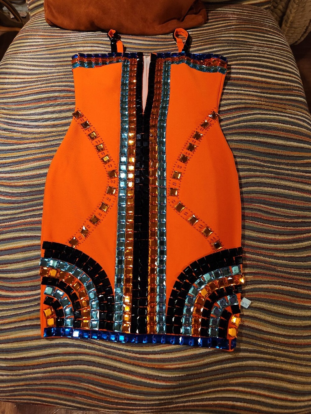 Embellished Orange Mini Dress with Mirror Trim